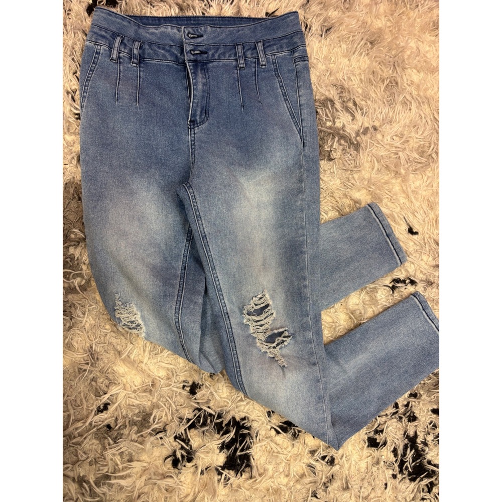 Bebe Light Wash Distressed High Rise Pleated Skinny Jeans Size 28